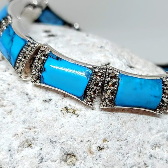 Stabilized Turquoise 11x7mm & Marcasite 925 Sterling Silver Bracelet 7" - Picture 3 of 11
